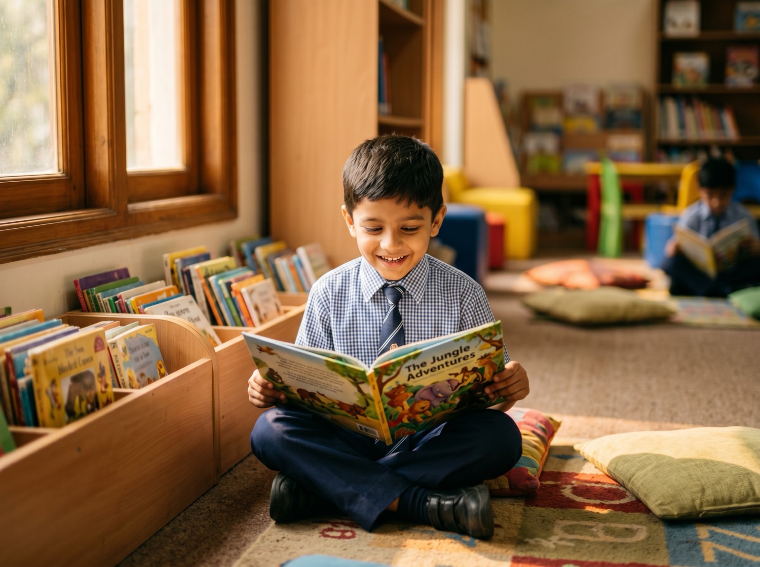 A child happily reading in the Sprout library